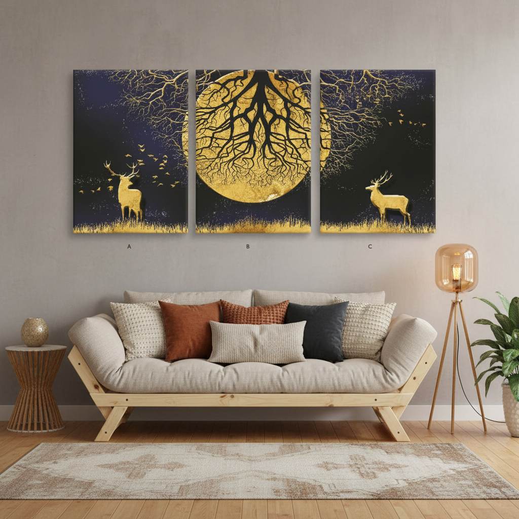 Golden Deer Moon Night 3 Panel Wall Art | Triptych Canvas Print