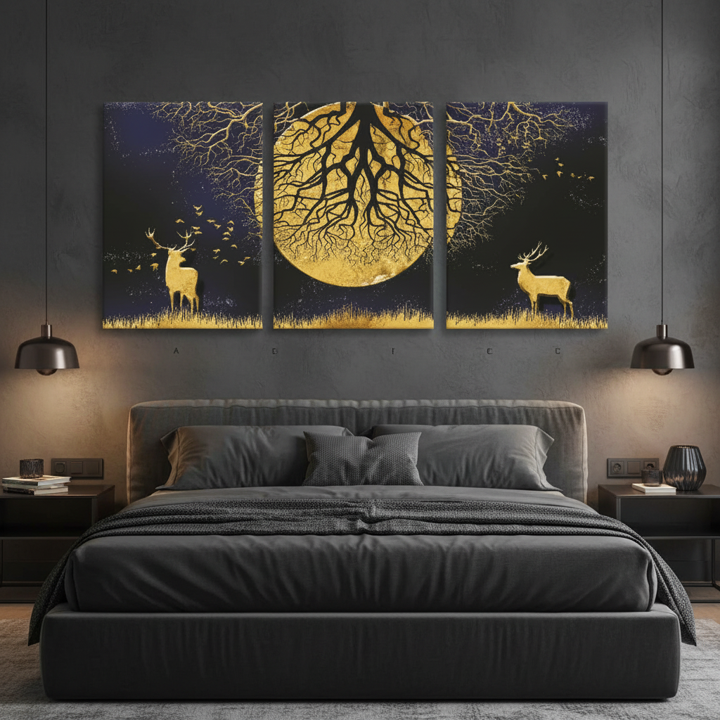 Golden Deer Moon Night 3 Panel Wall Art | Triptych Canvas Print