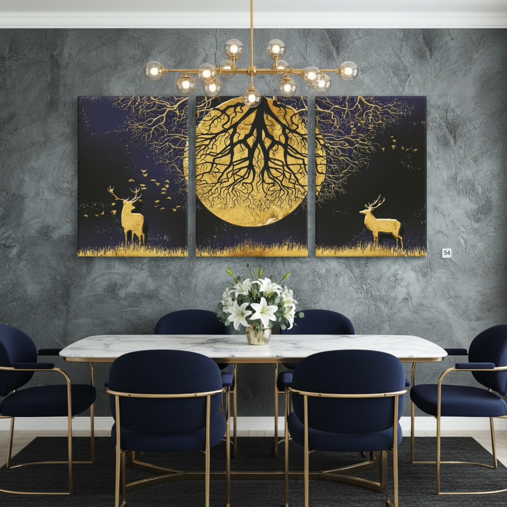 Golden Deer Moon Night 3 Panel Wall Art | Triptych Canvas Print