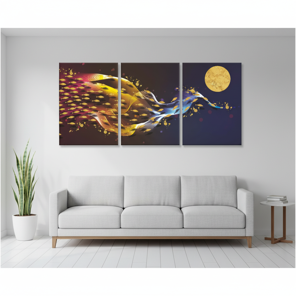 Voyage of the Golden Whales | Moonlit Ocean Triptych | Set of 3 Frames