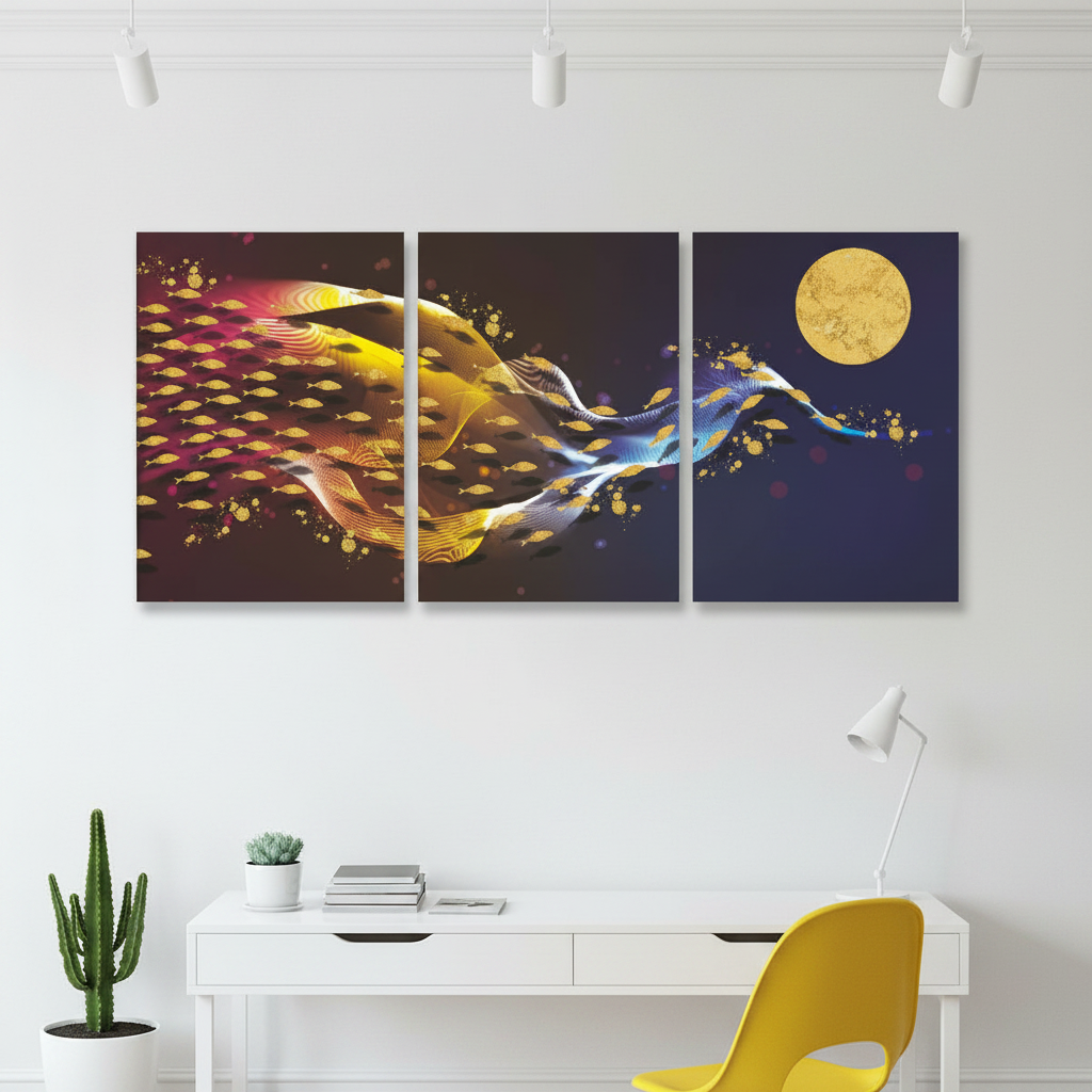 Voyage of the Golden Whales | Moonlit Ocean Triptych | Set of 3 Frames