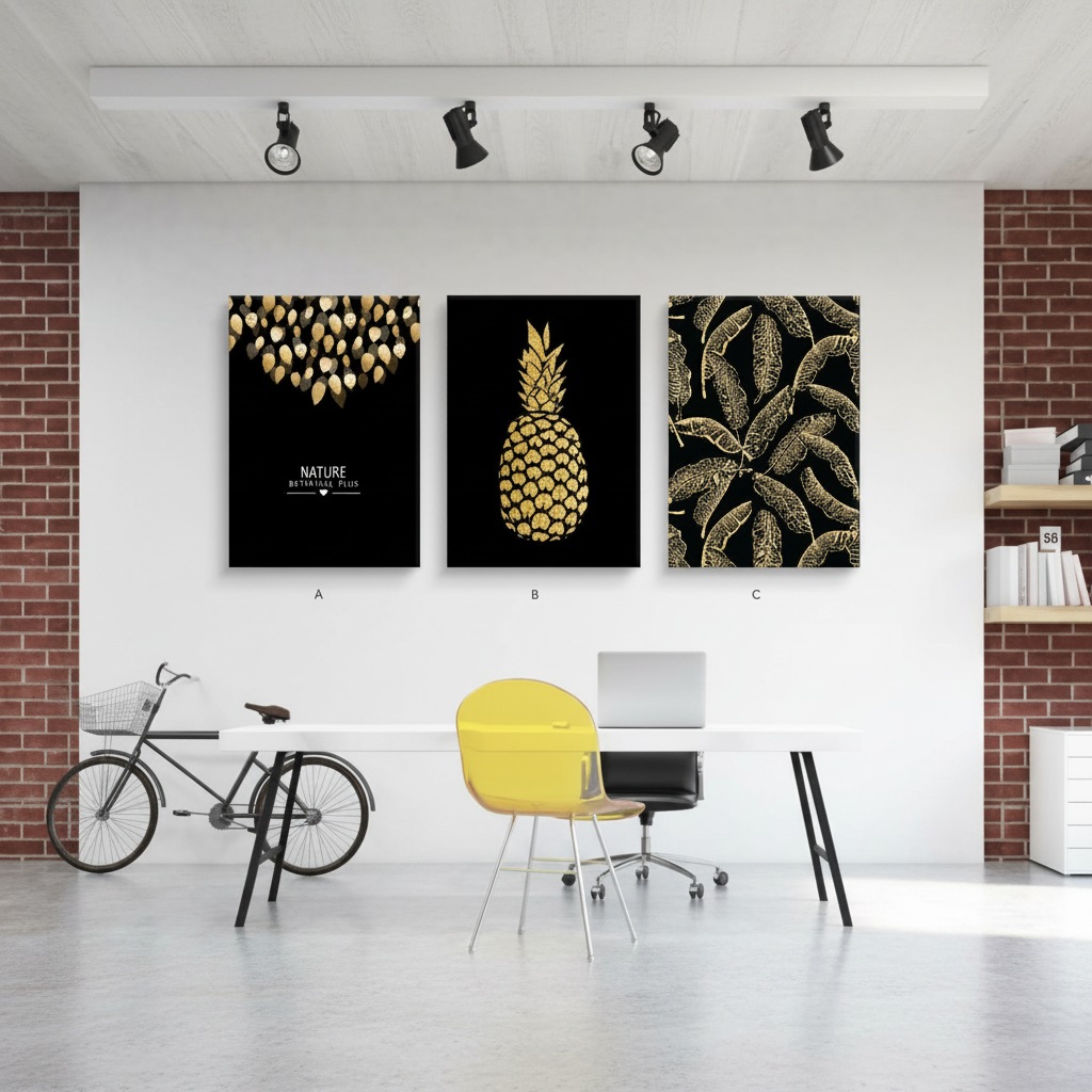 Gilded Tropics — Golden Pineapple & Botanical Leaves | Set of 3 Framed Wall Art
