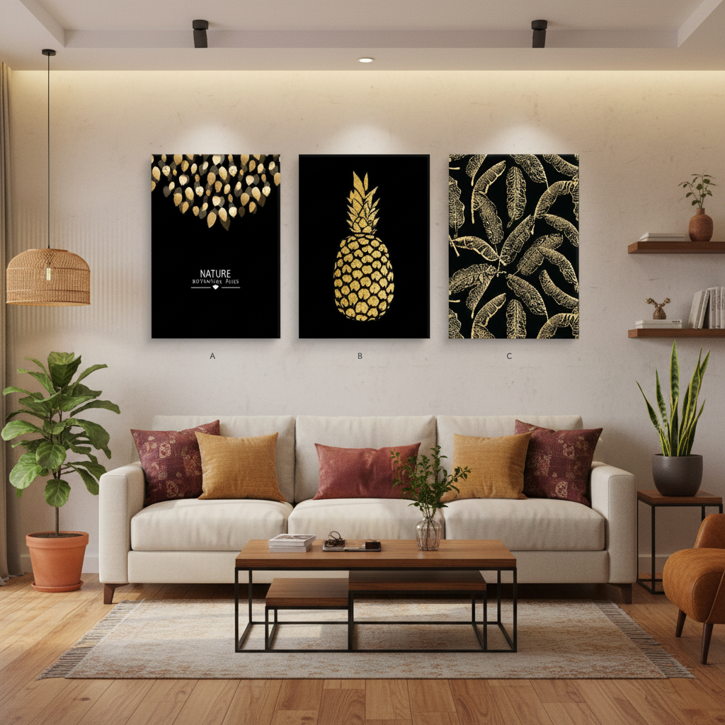 Gilded Tropics — Golden Pineapple & Botanical Leaves | Set of 3 Framed Wall Art