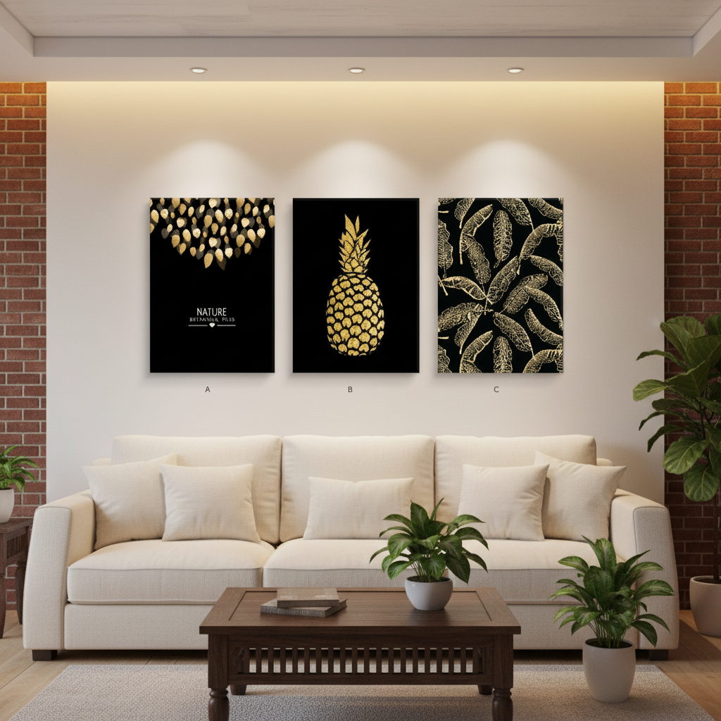Gilded Tropics — Golden Pineapple & Botanical Leaves | Set of 3 Framed Wall Art