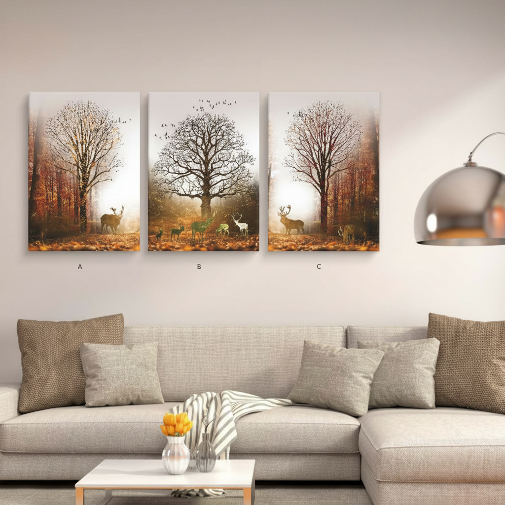 Golden Autumn Forest & Deer Family | Triptych Wall Art Set of 3