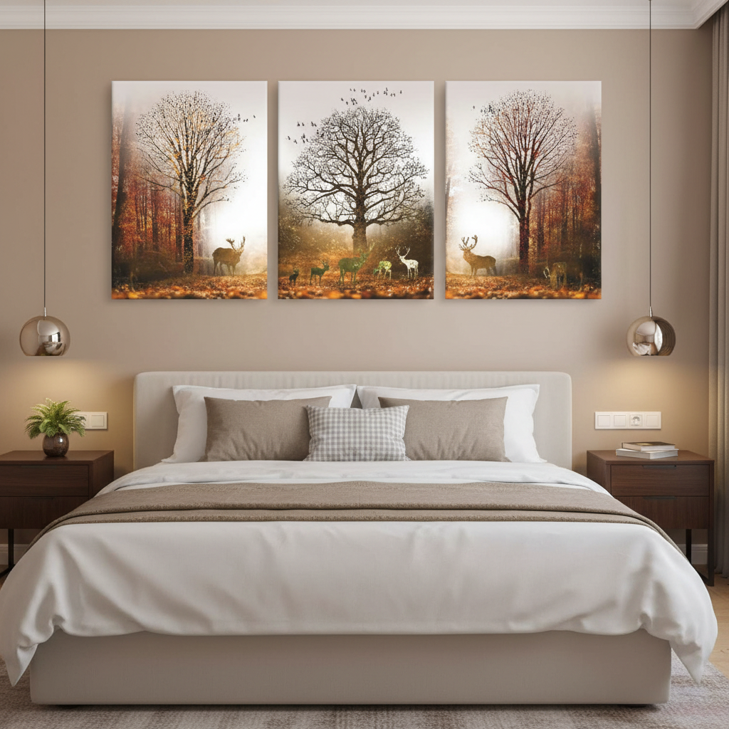 Golden Autumn Forest & Deer Family | Triptych Wall Art Set of 3