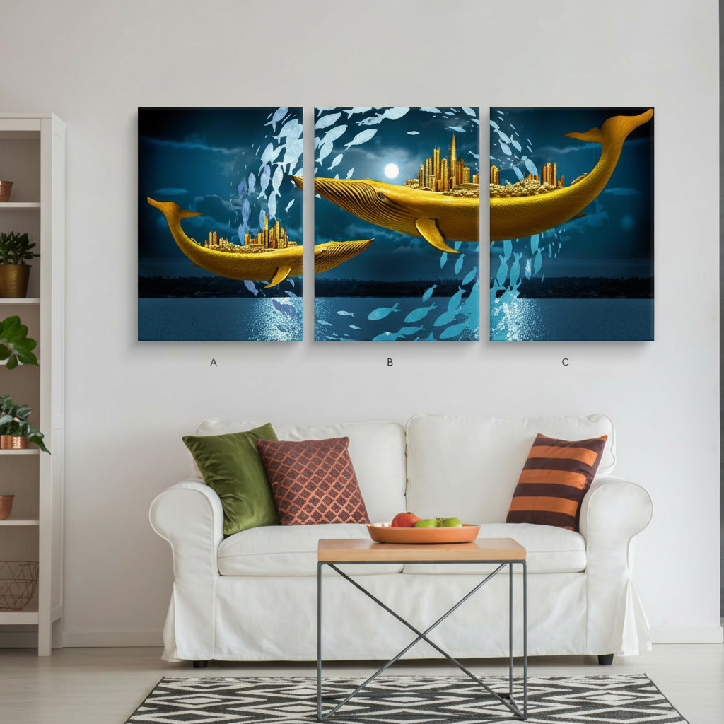 Golden Whale Ocean Fantasy Wall Art | 3 Panel Triptych Canvas Print