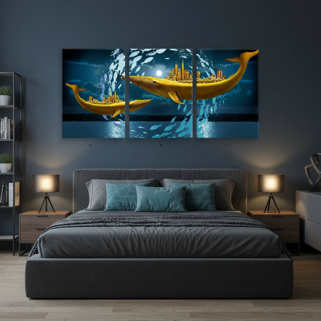 Golden Whale Ocean Fantasy Wall Art | 3 Panel Triptych Canvas Print