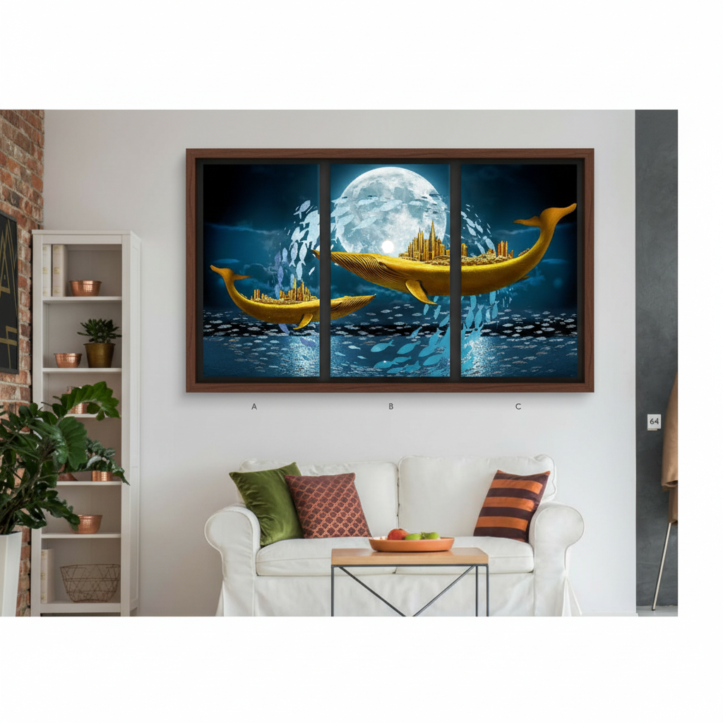 Golden Whale Ocean Fantasy Wall Art | 3 Panel Triptych Canvas Print