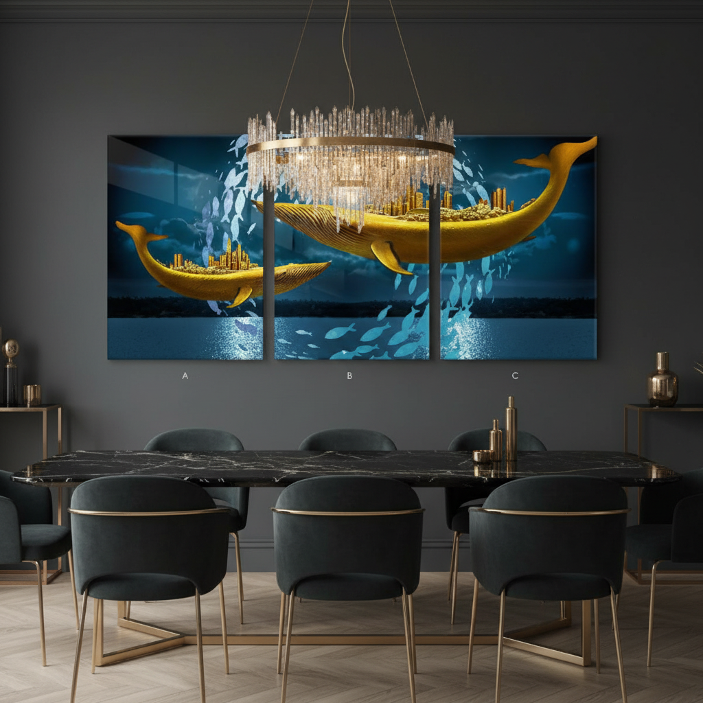 Golden Whale Ocean Fantasy Wall Art | 3 Panel Triptych Canvas Print
