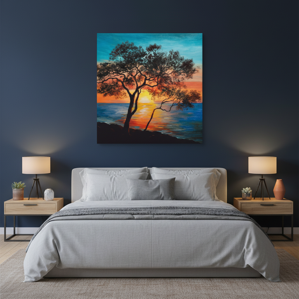 Lone Tree Sunset Ocean Canvas Wall Art