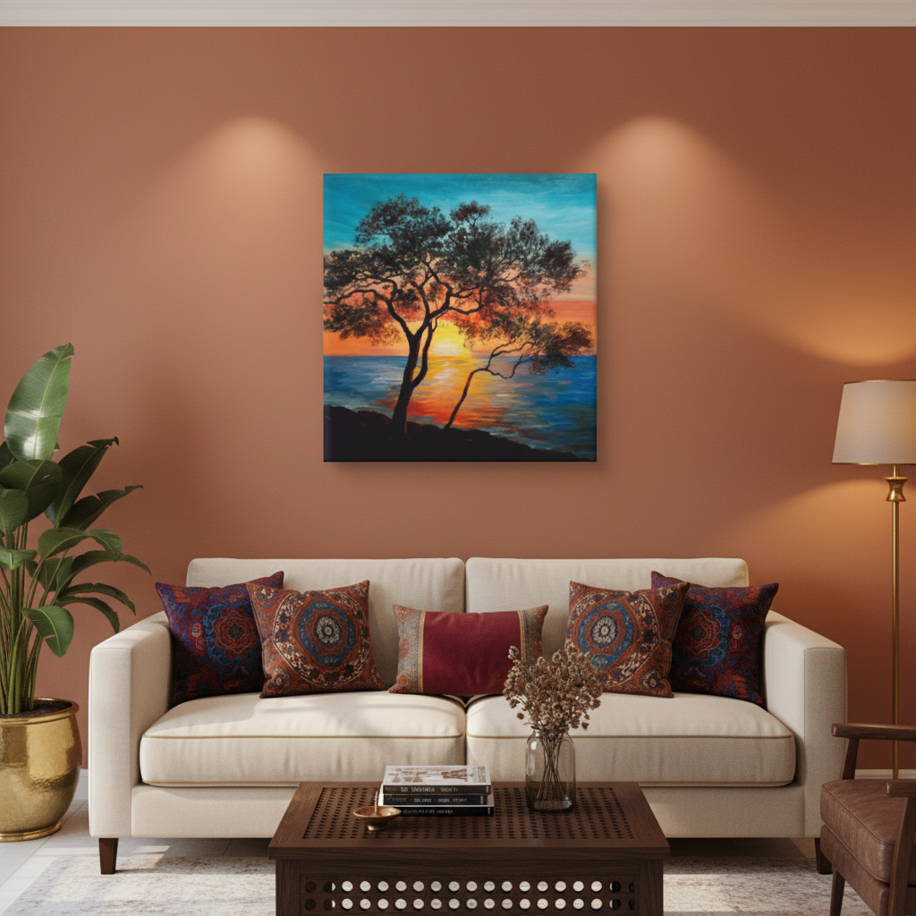 Lone Tree Sunset Ocean Canvas Wall Art