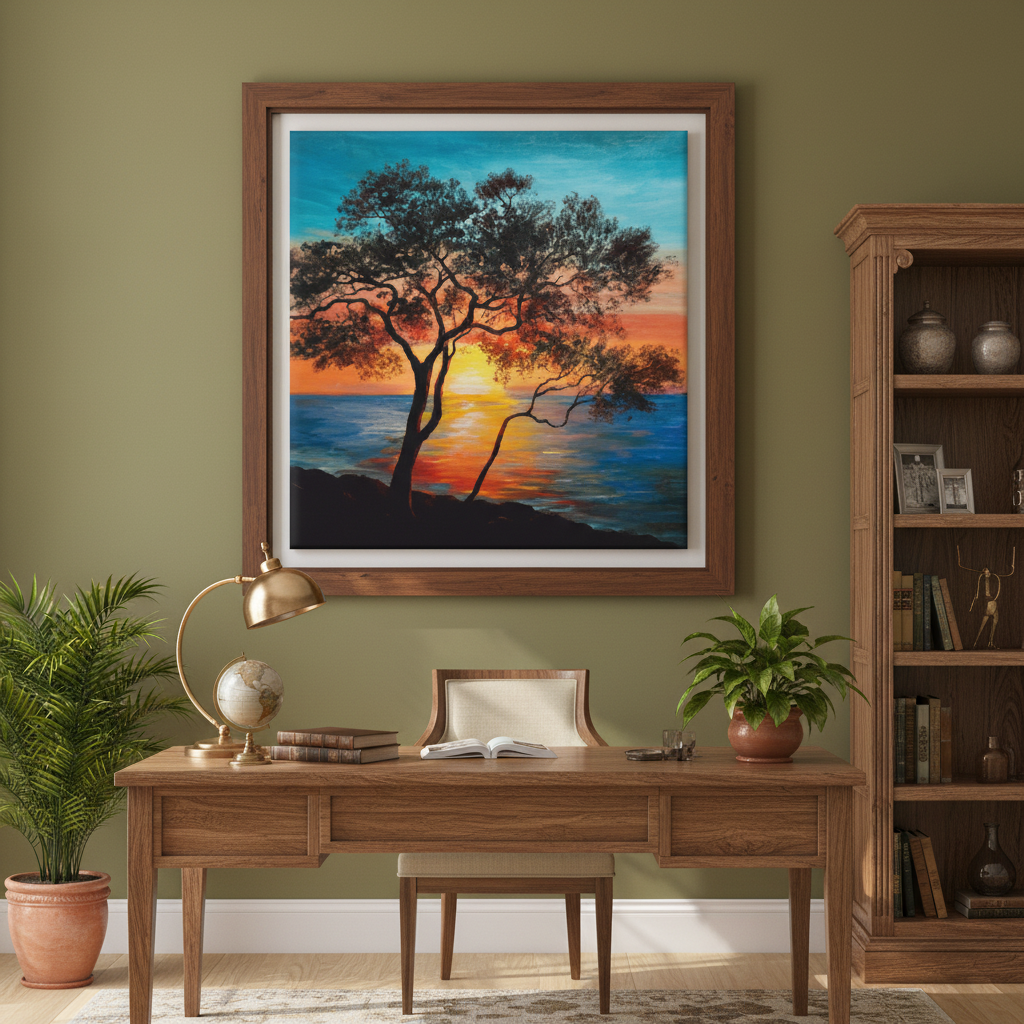 Lone Tree Sunset Ocean Canvas Wall Art