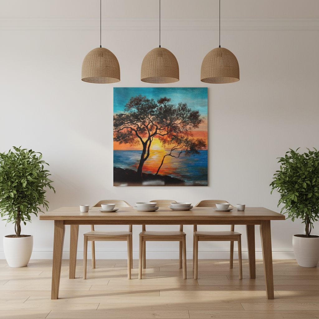 Lone Tree Sunset Ocean Canvas Wall Art