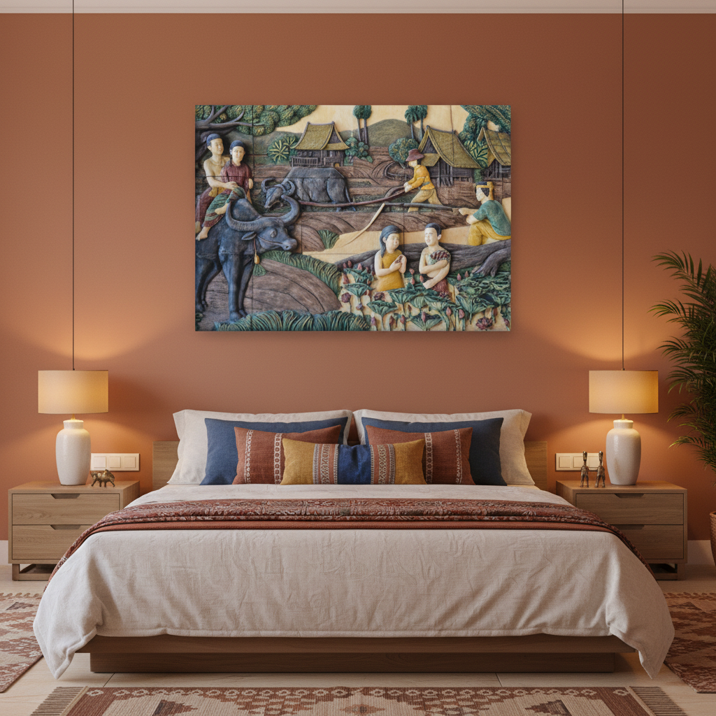 Traditional Village Life 3D Relief Canvas Wall Art