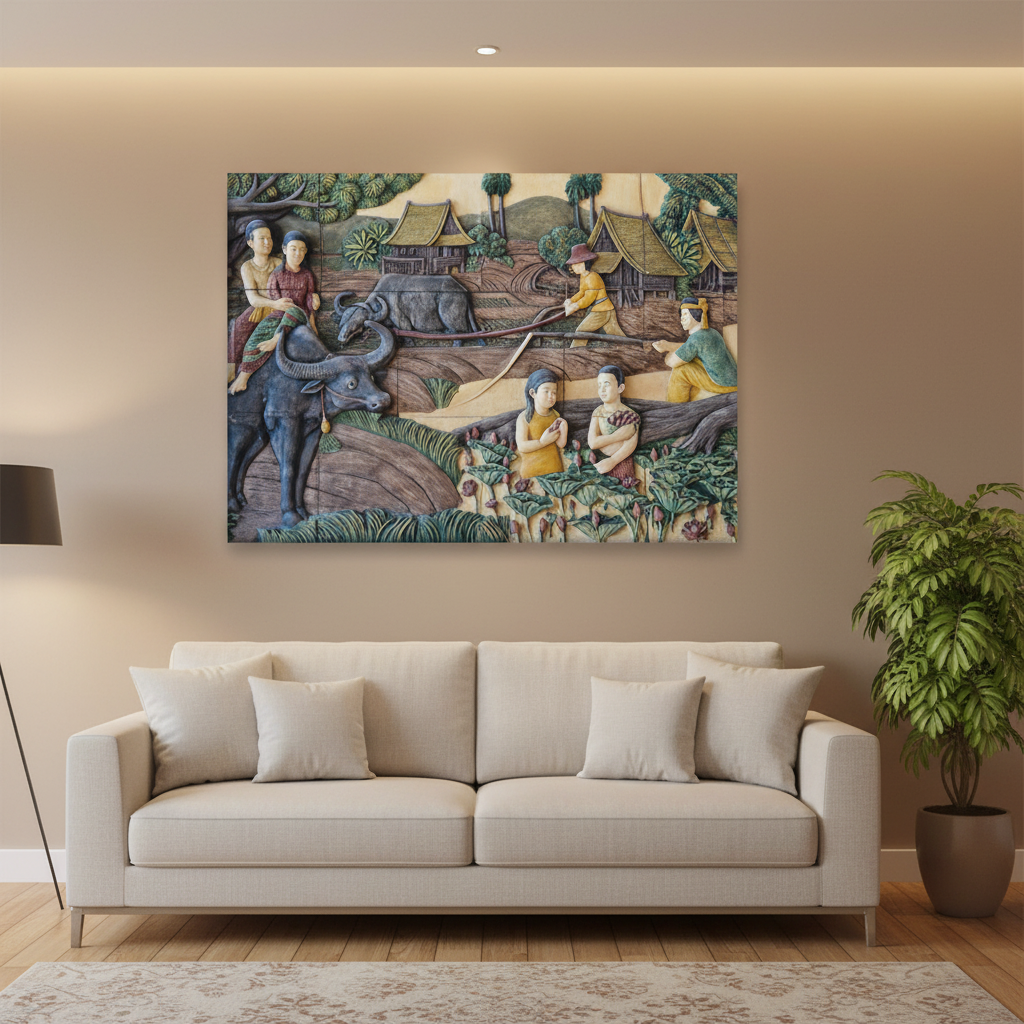 Traditional Village Life 3D Relief Canvas Wall Art