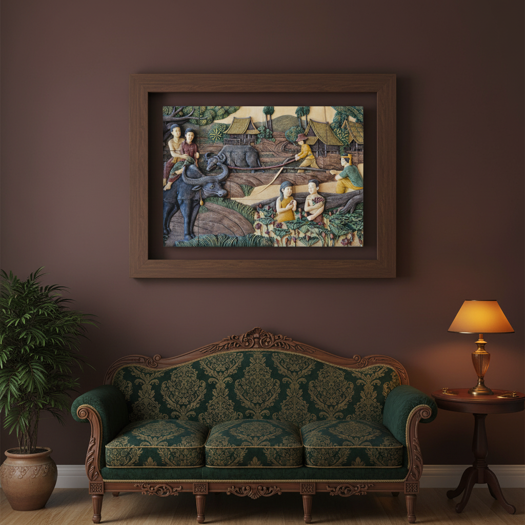 Traditional Village Life 3D Relief Canvas Wall Art