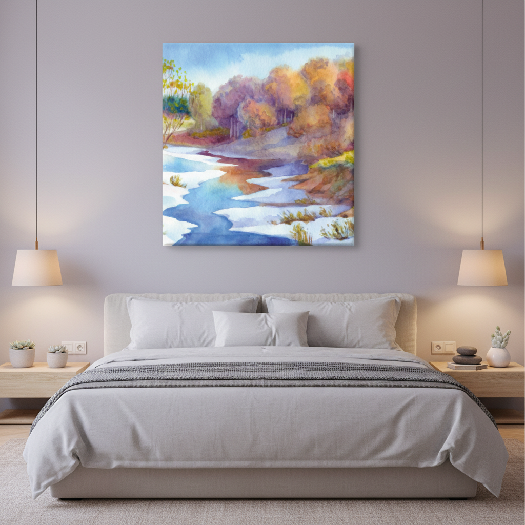 Winter Stream Autumn Forest Canvas Wall Art