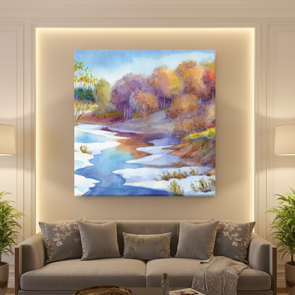Winter Stream Autumn Forest Canvas Wall Art